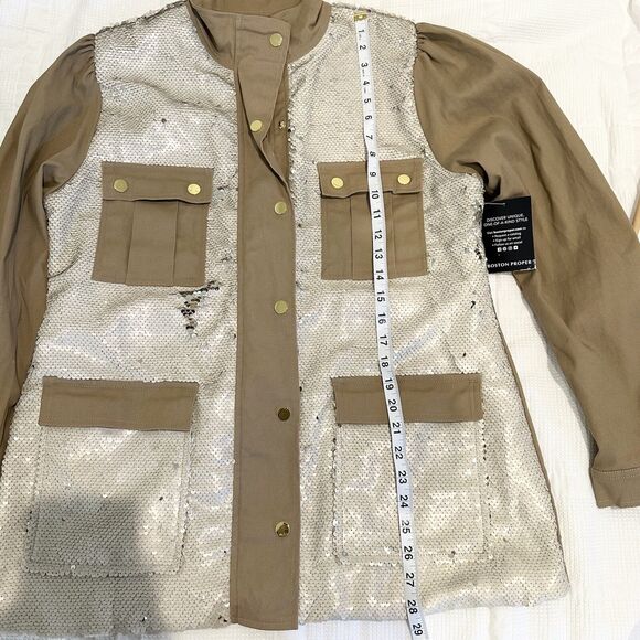 Boston Proper Jacket Women’s Large Beige Sequin Embellished Puff Sleeve Utility - Picture 16 of 16